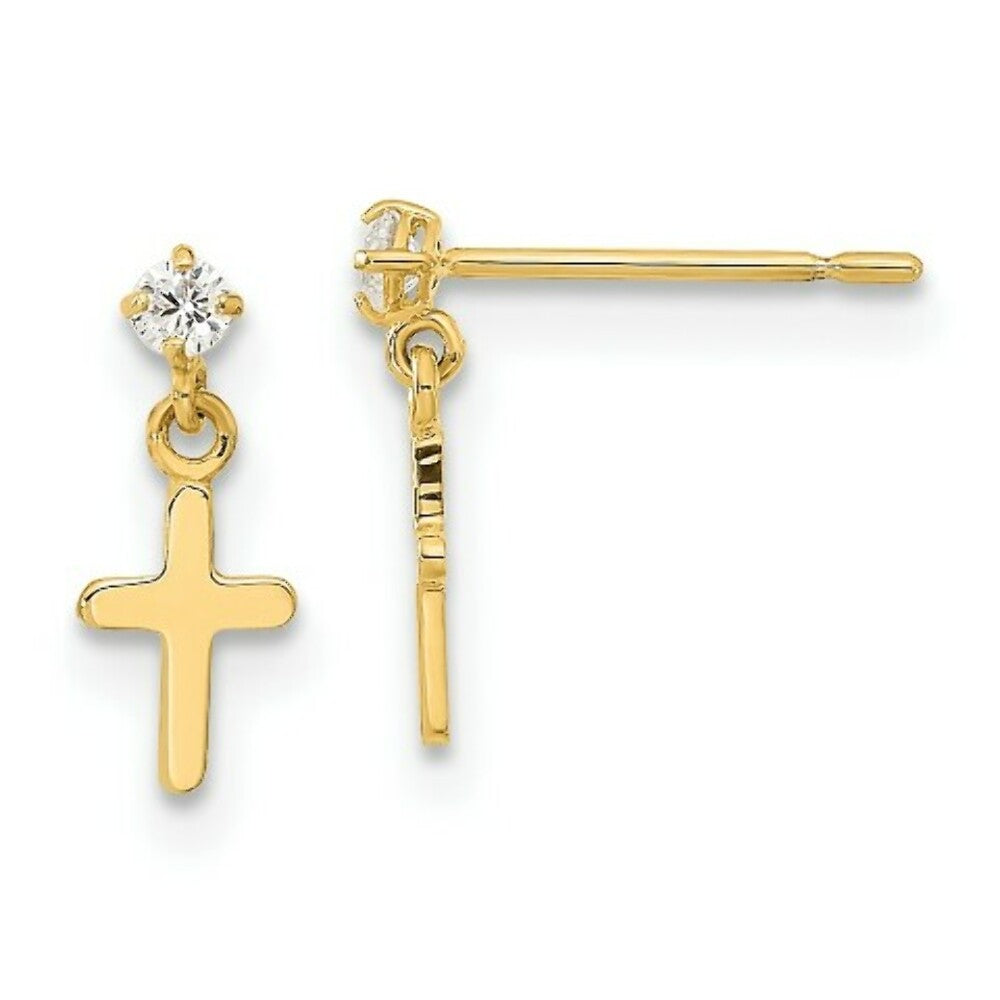 14K Yellow Gold Madi K Childrens CZ Cross Post Dangle Earrings