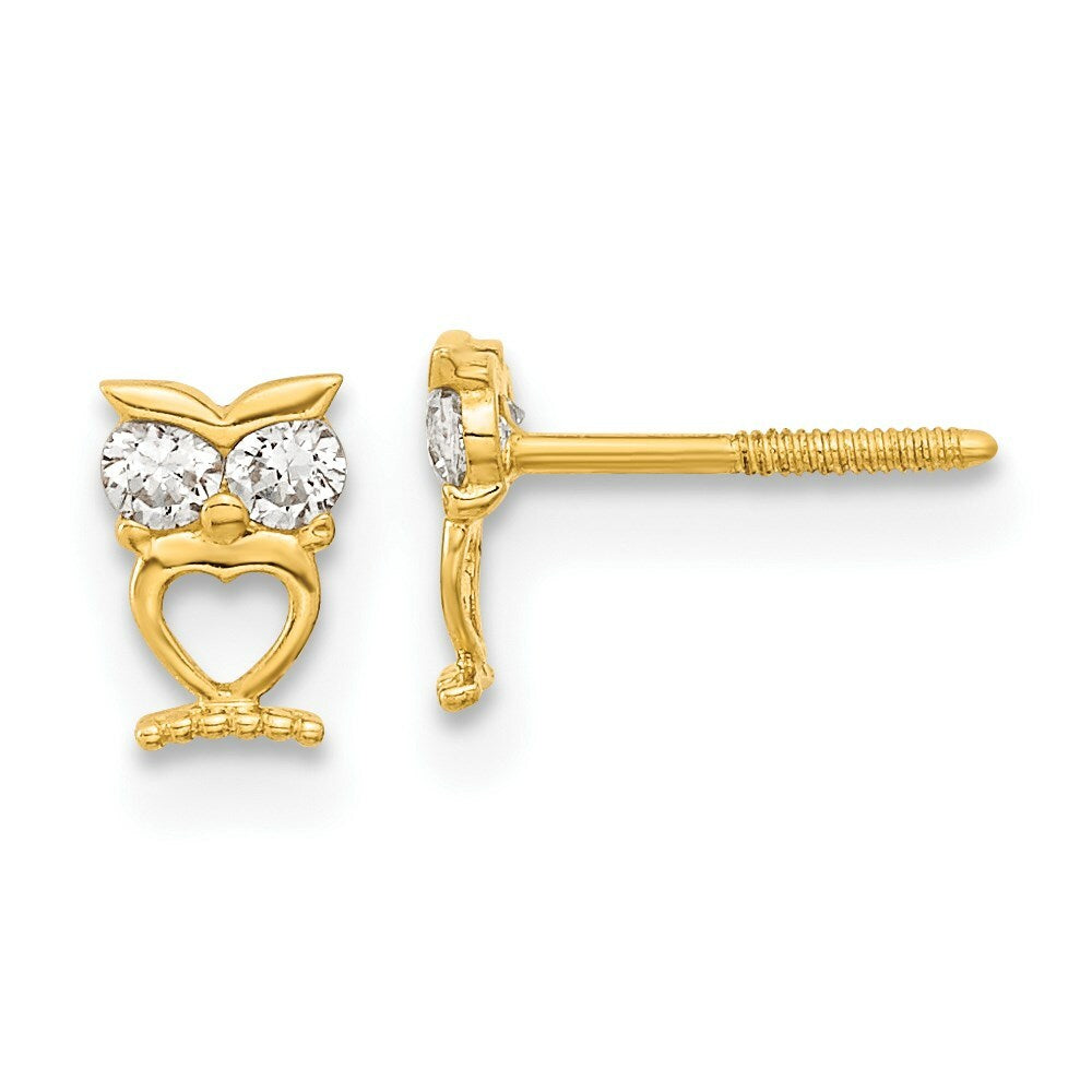 14K Yellow Gold Madi K Owl w/CZ Eyes Screwback Post Earrings
