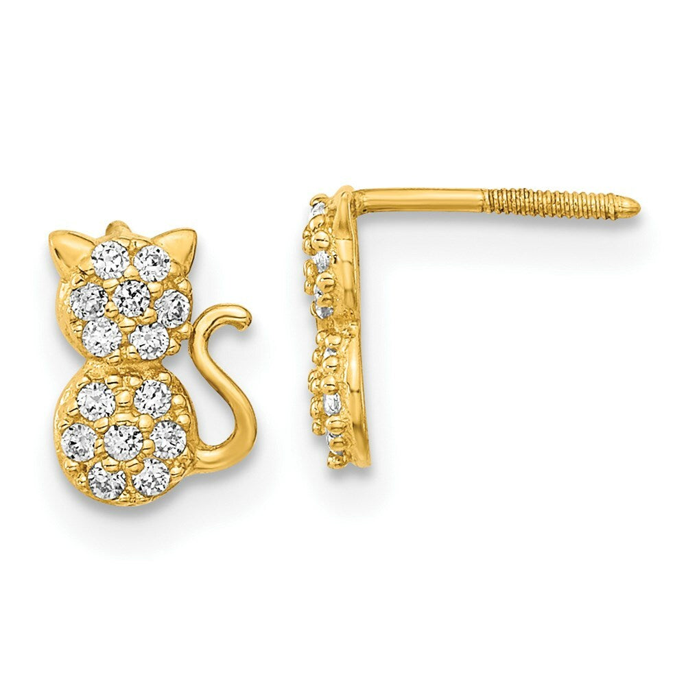 14K Yellow Gold Madi K Polished CZ Sitting Cat Screwback Post Earrings