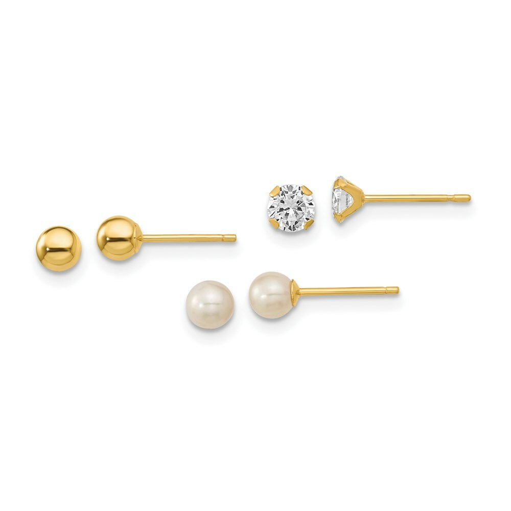 14K Yellow Gold Madi K 3 Pair Set-Ball, CZ & Freshwater Cultured Pearl Earrings