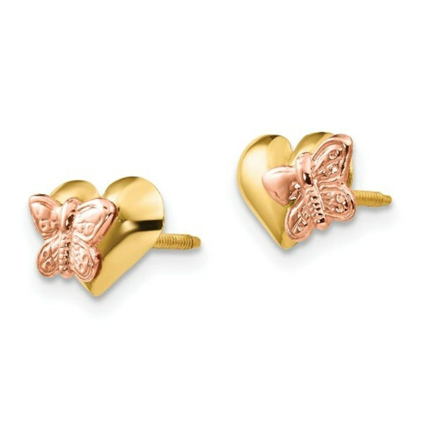 14K Yellow Gold Madi K Polished & Rhodium Butterfly Heart Screwback Earrings