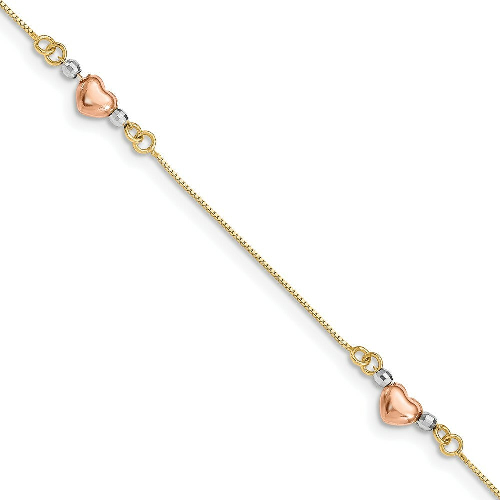 14K Tri-Color Gold Puffed Heart Bracelet  Length 7.25'' inches