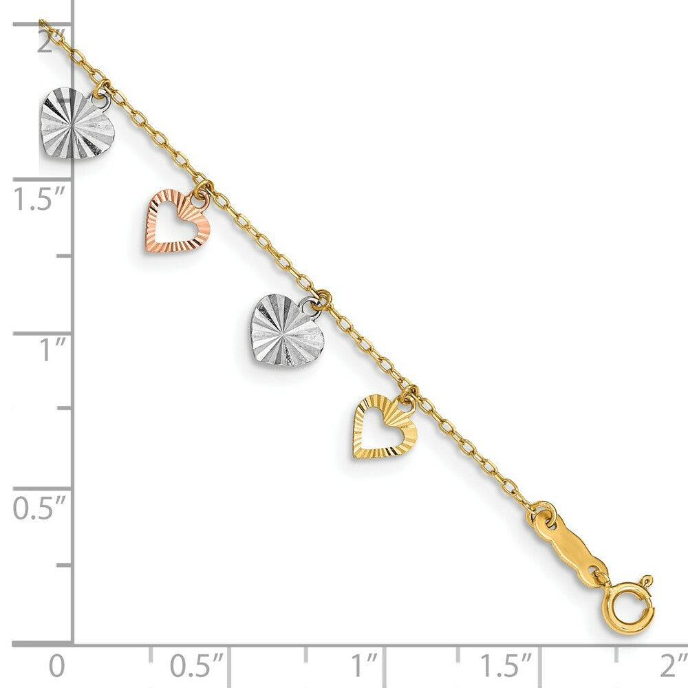 14K Tri-Color Gold Heart Bracelet  Length 7'' inches