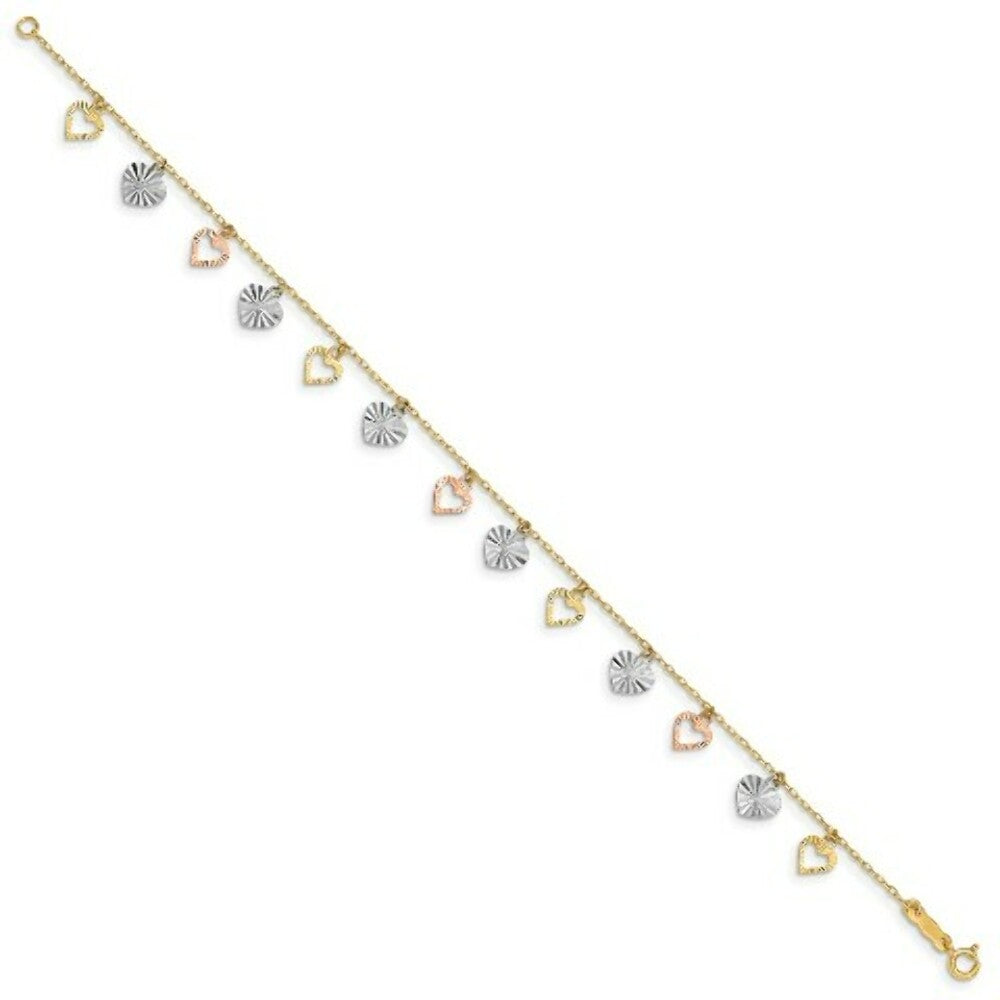 14K Tri-Color Gold Heart Bracelet  Length 7'' inches