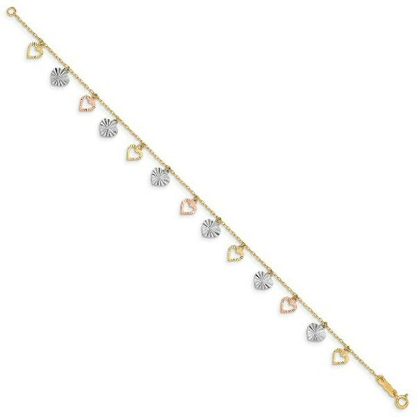 14K Tri-Color Gold Heart Bracelet  Length 7'' inches