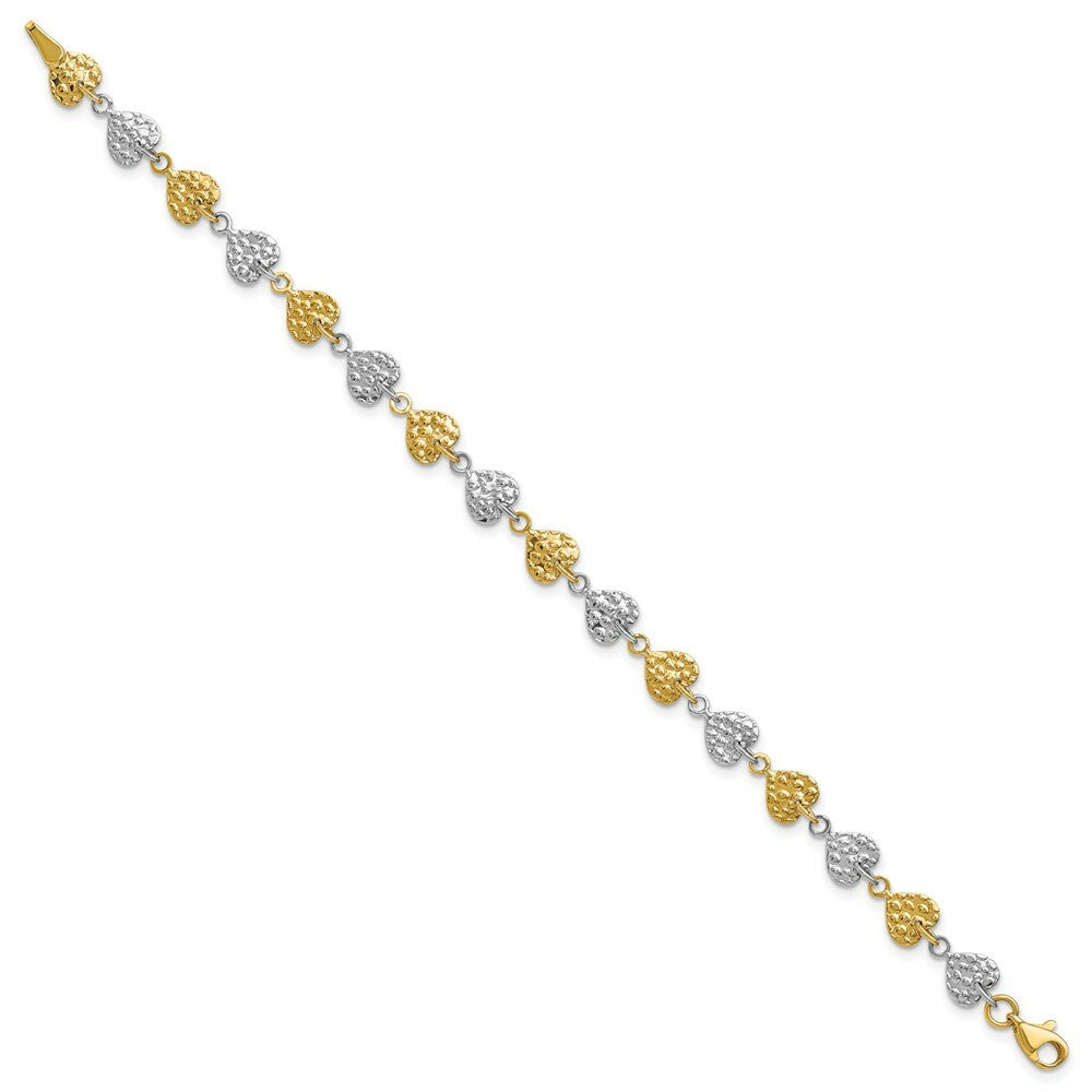 14K Two-tone Gold Hammered Hearts Bracelet  Length 7'' inches