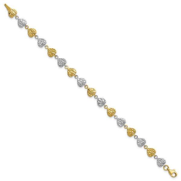 14K Two-tone Gold Hammered Hearts Bracelet  Length 7'' inches