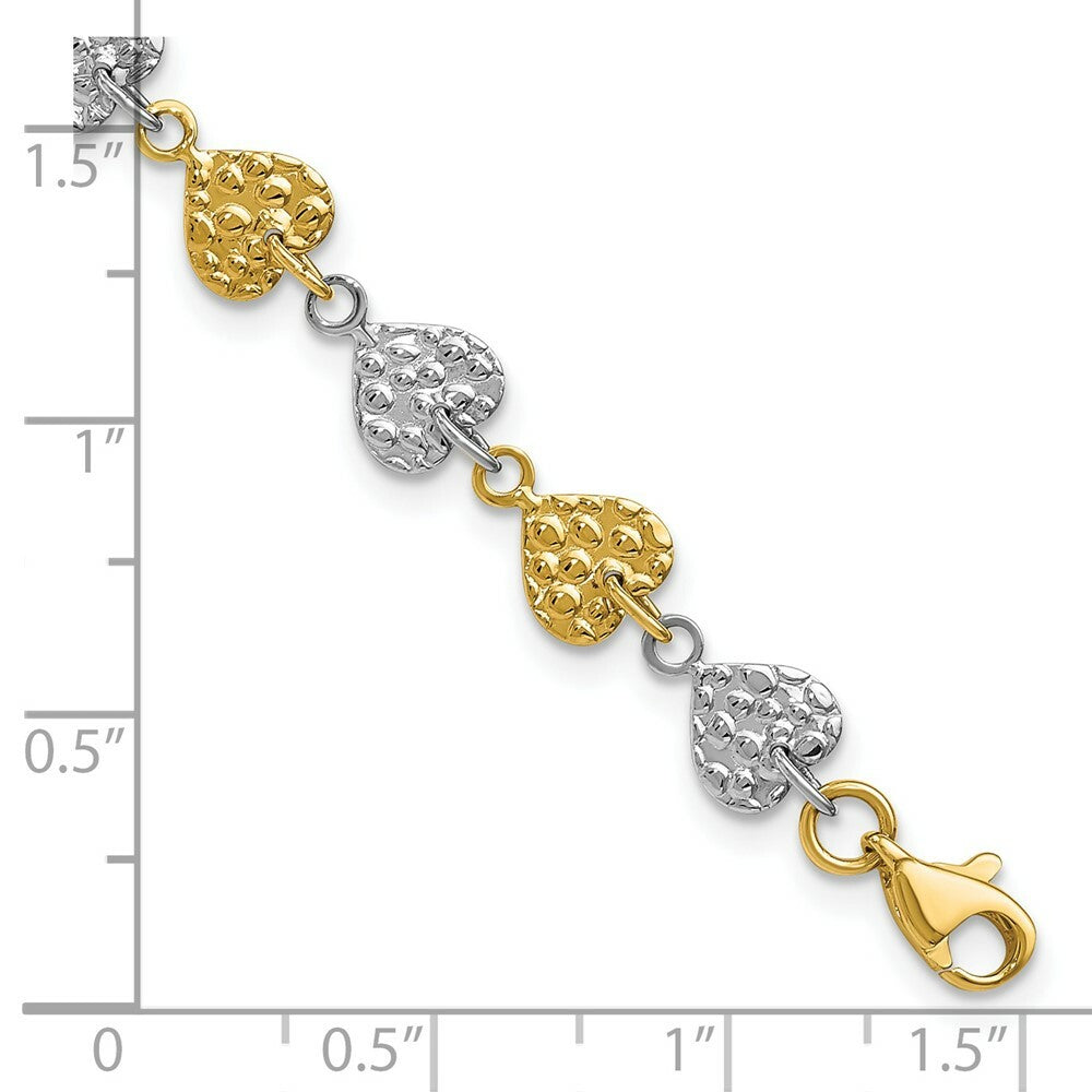 14K Two-tone Gold Hammered Hearts Bracelet  Length 7'' inches