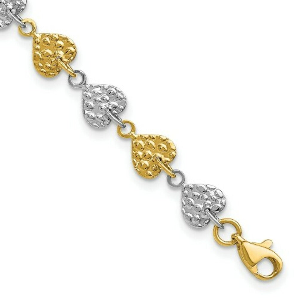 14K Two-tone Gold Hammered Hearts Bracelet  Length 7'' inches