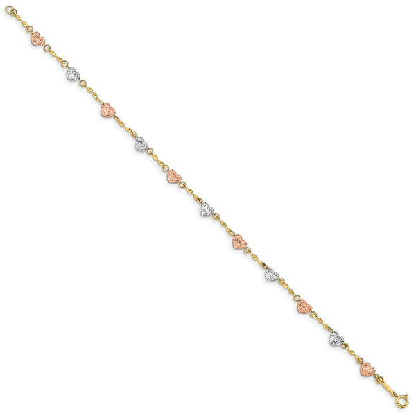 14K Tri-Color Gold Puff Heart Bracelet  Length 7'' inches