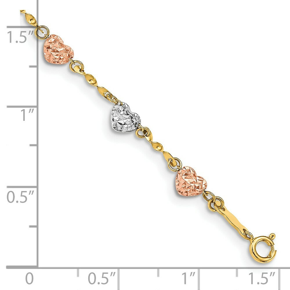 14K Tri-Color Gold Puff Heart Bracelet  Length 7'' inches