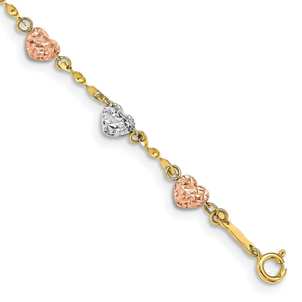14K Tri-Color Gold Puff Heart Bracelet  Length 7'' inches