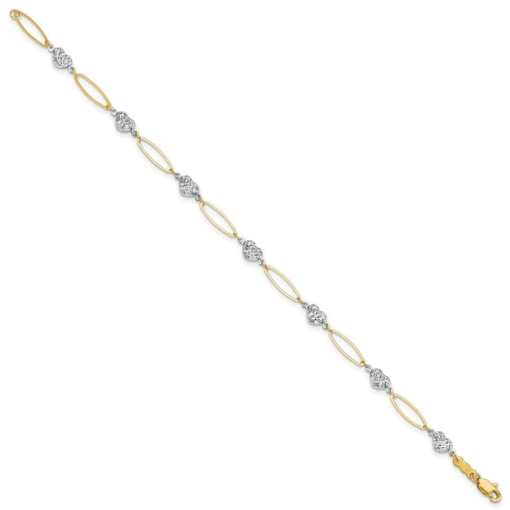 14K Two-tone Gold Puff Heart & Flat Oval Bracelet  Length 7.25'' inches