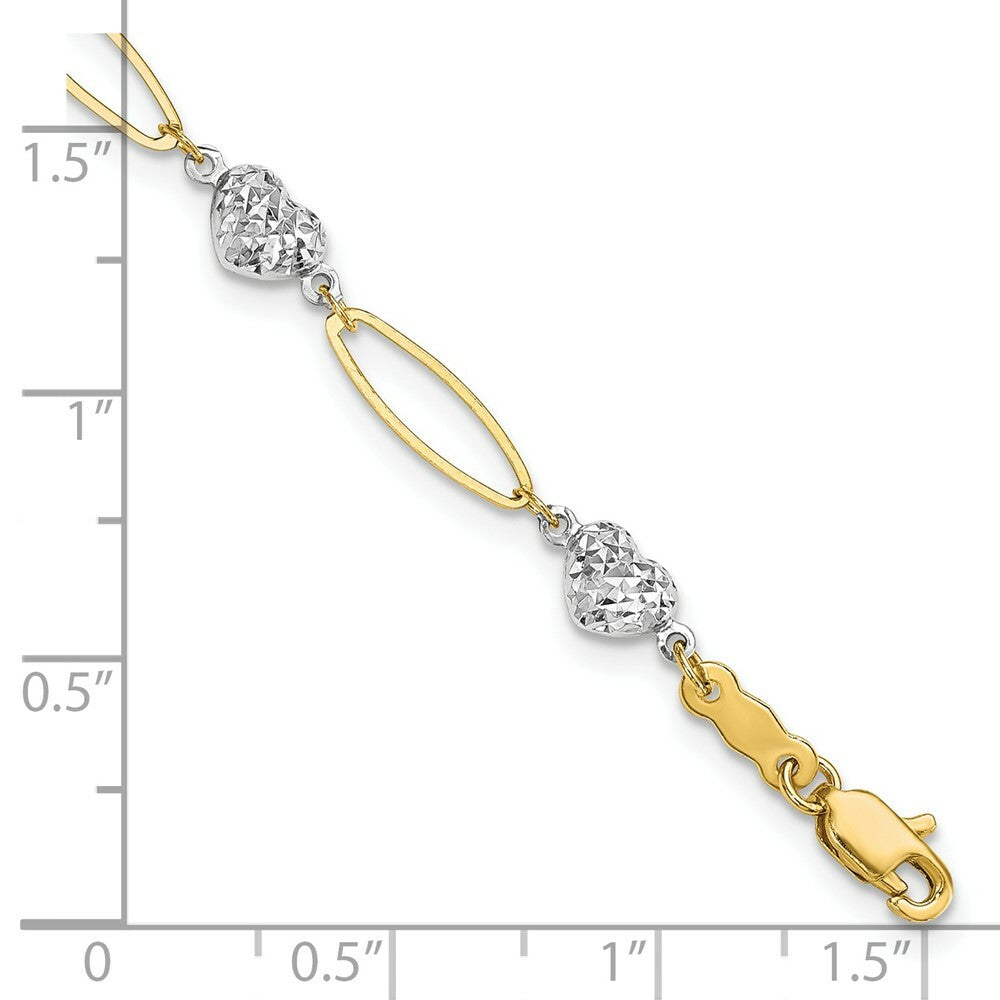14K Two-tone Gold Puff Heart & Flat Oval Bracelet  Length 7.25'' inches