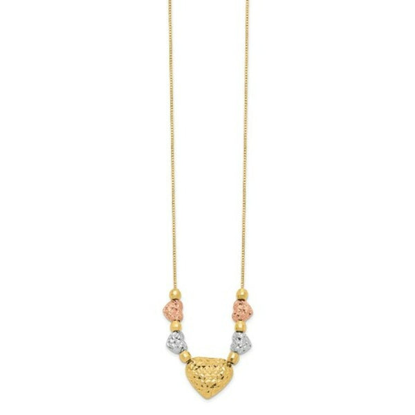 14K Tri-Color Gold Puff & Flat Hearts Necklace  Length 18'' inches