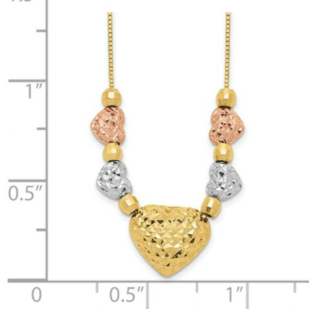 14K Tri-Color Gold Puff & Flat Hearts Necklace  Length 18'' inches