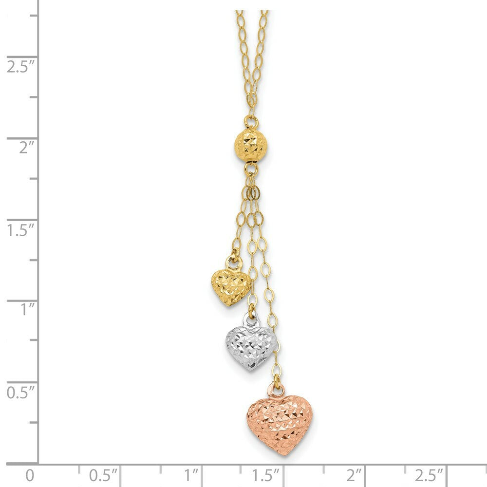 14K Tri-Color Gold Puff Heart Lariat with 2'' ext Necklace  Length 16'' inches
