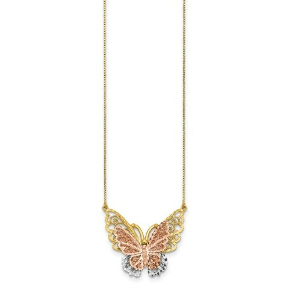 14K Yellow Gold Yellow & Rose Gold w/ Rhodium Butterfly Necklace  Length 18'' inches