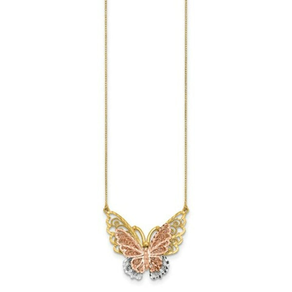 14K Yellow Gold Yellow & Rose Gold w/ Rhodium Butterfly Necklace  Length 18'' inches