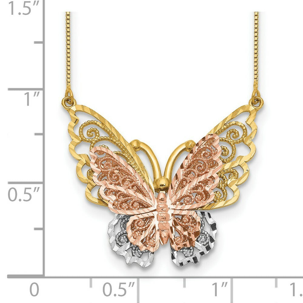 14K Yellow Gold Yellow & Rose Gold w/ Rhodium Butterfly Necklace  Length 18'' inches