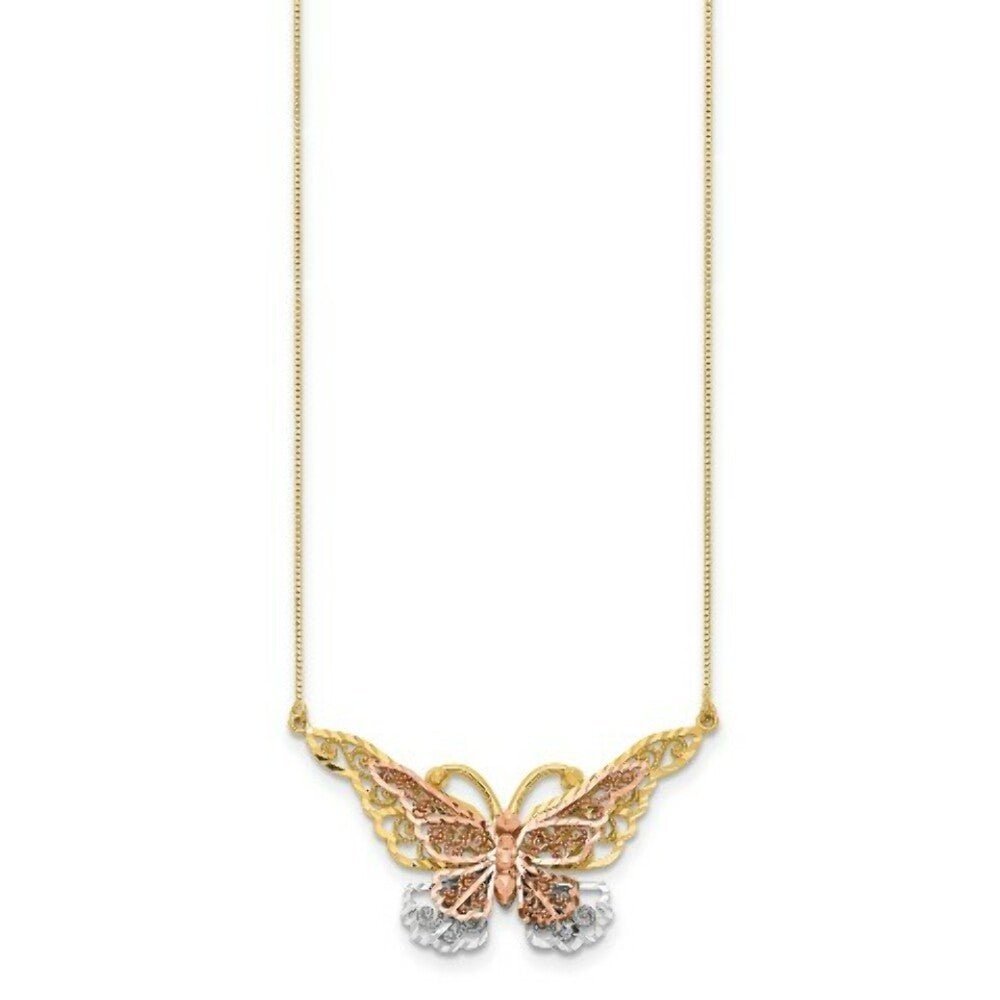 14K Yellow Gold Yellow & Rose Gold w/ Rhodium Butterfly Necklace  Length 17'' inches
