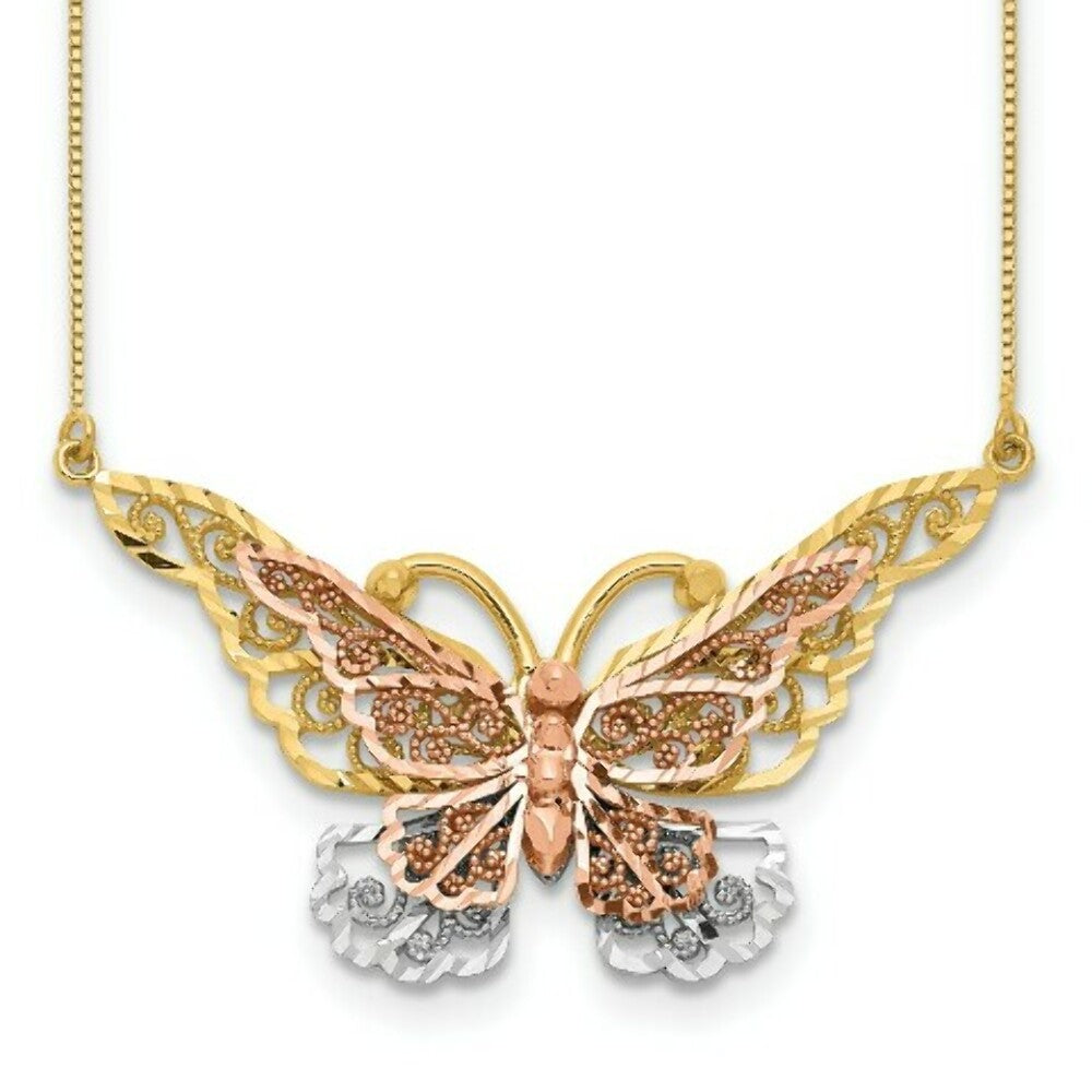 14K Yellow Gold Yellow & Rose Gold w/ Rhodium Butterfly Necklace  Length 17'' inches