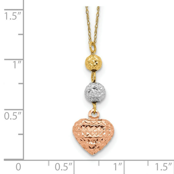 14K Tri-Color Gold Ropa Diamond Cut Beads & Heart w/ 2'' Extension Necklace  Length 16'' inches