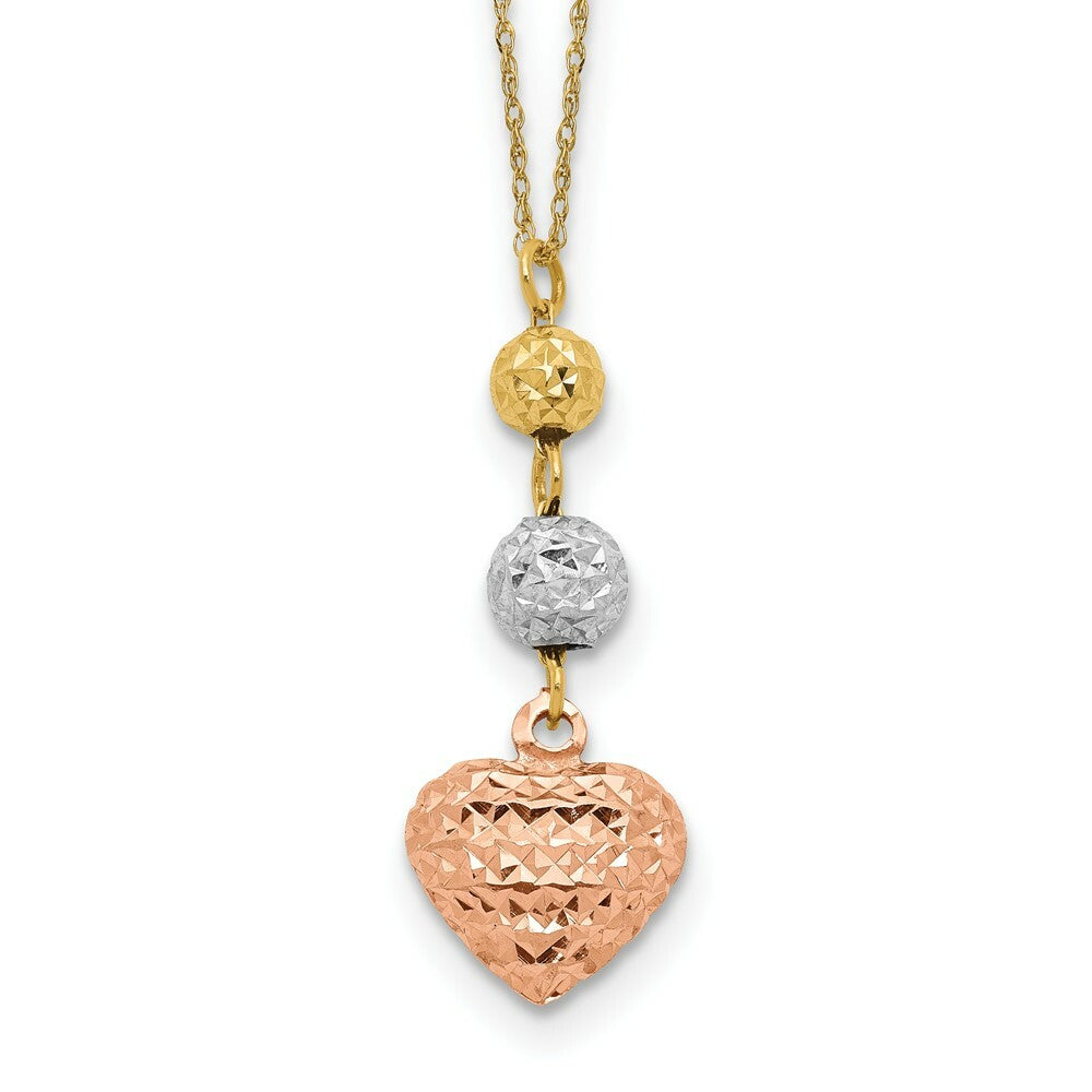 14K Tri-Color Gold Ropa Diamond Cut Beads & Heart w/ 2'' Extension Necklace  Length 16'' inches