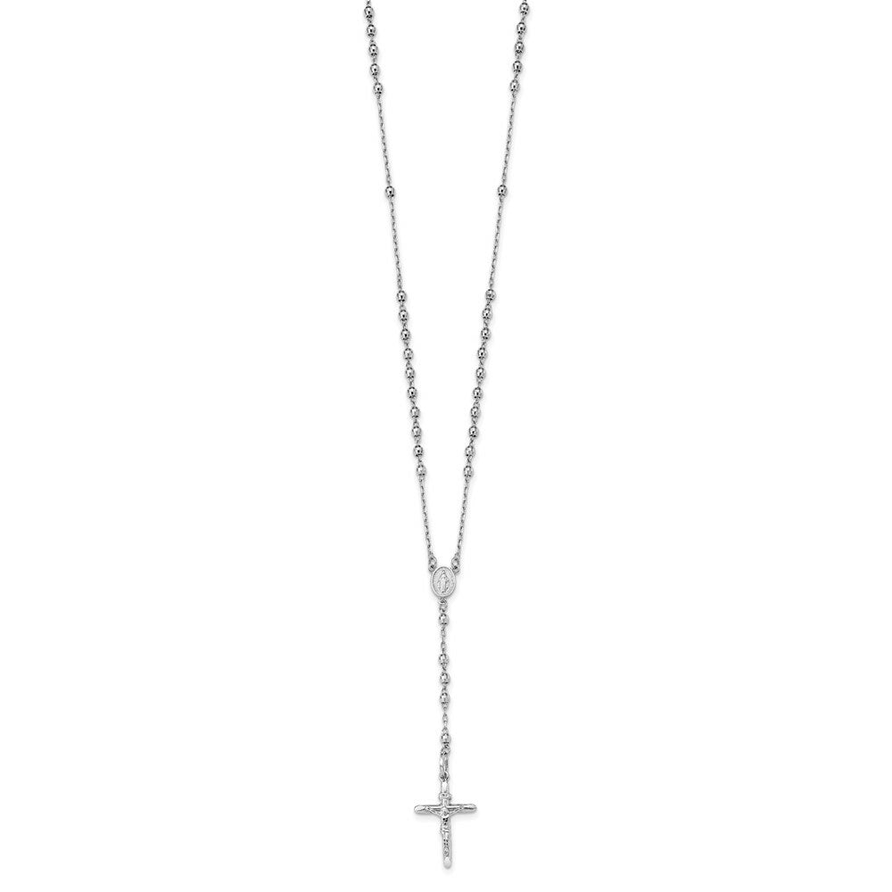 14K White Gold Diamond-cut 3mm Beaded Rosary Necklace  Length 24'' inches