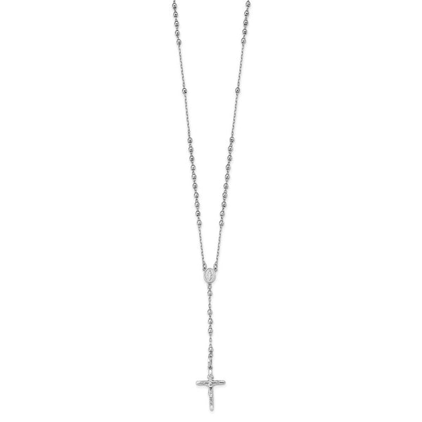 14K White Gold Diamond-cut 3mm Beaded Rosary Necklace  Length 24'' inches