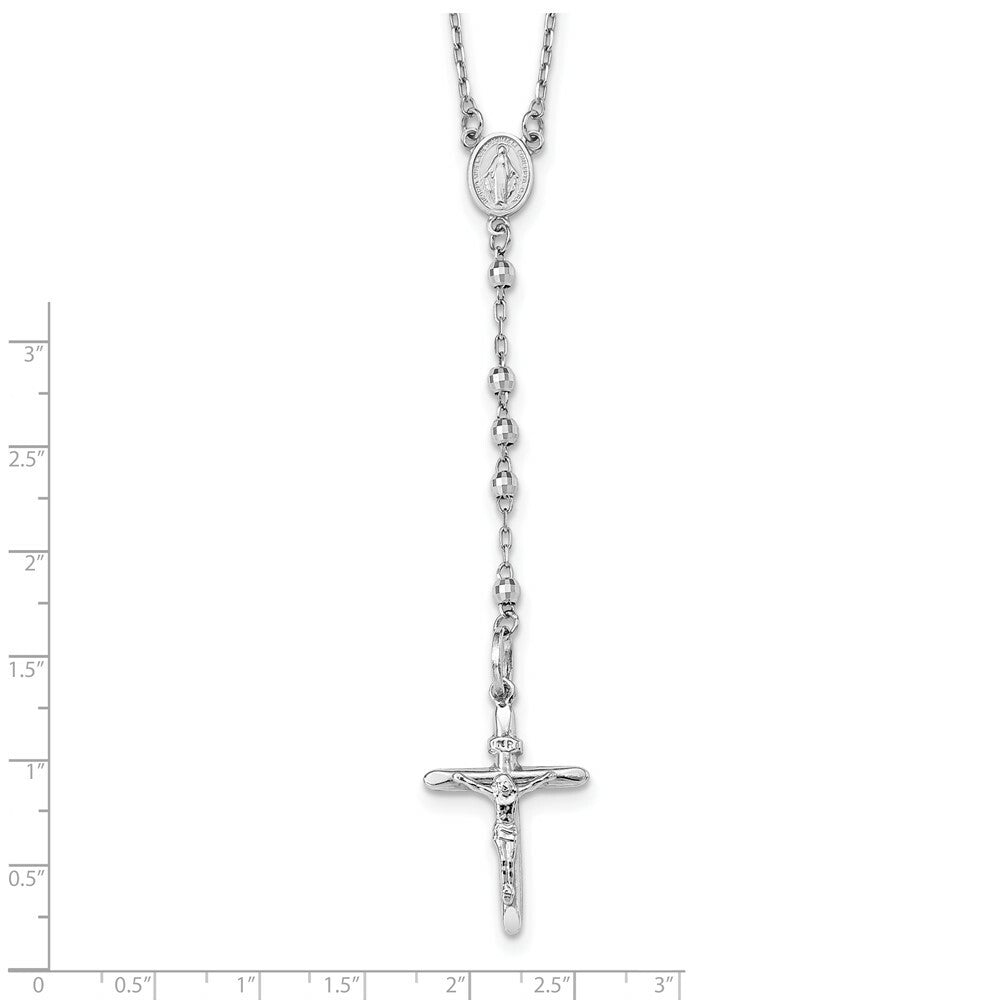 14K White Gold Diamond-cut 3mm Beaded Rosary Necklace  Length 24'' inches