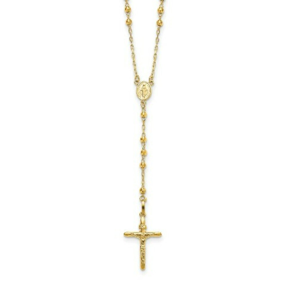 14K Yellow Gold Diamond-cut 3mm Beaded Rosary Necklace  Length 24'' inches