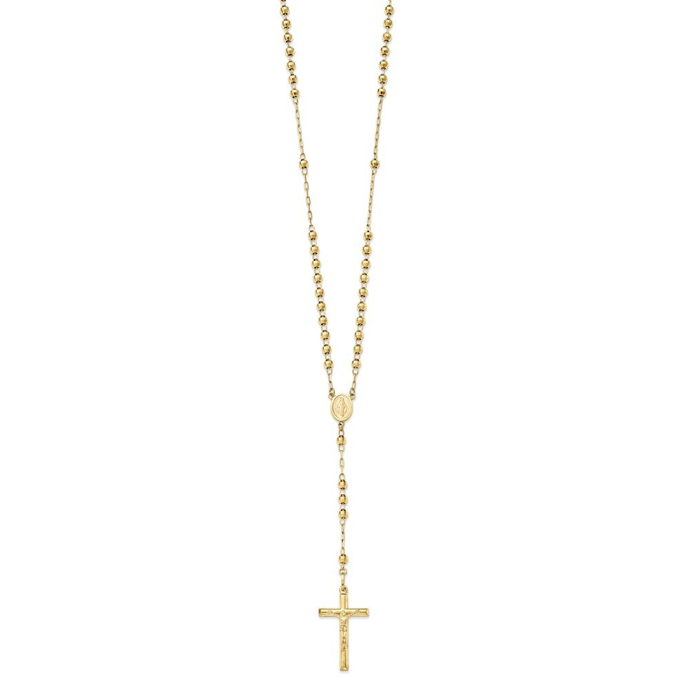 14K Yellow Gold Diamond-cut 4mm Beaded Rosary Necklace  Length 24'' inches