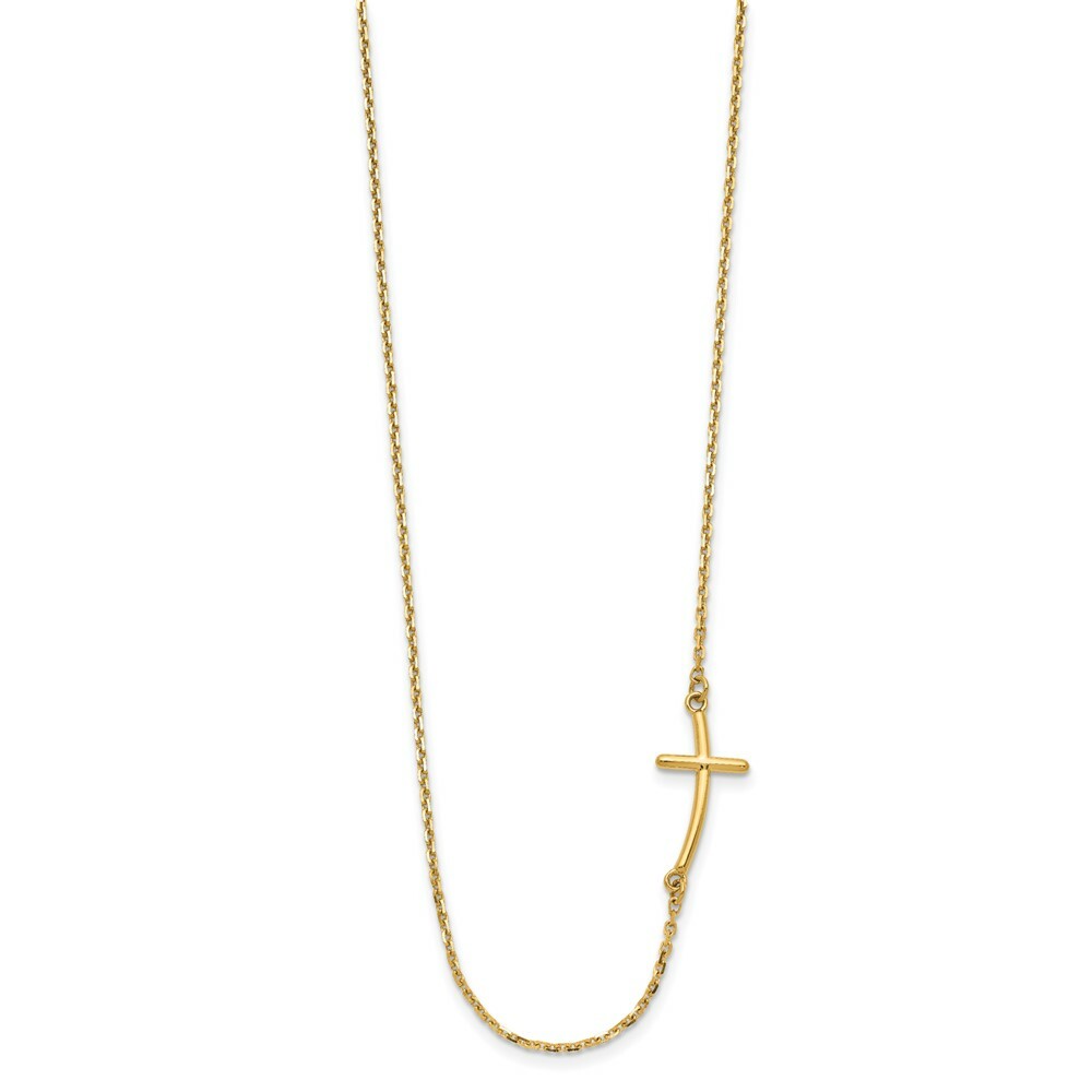 14K Yellow Gold Small Sideways Curved Cross Necklace  length: 19 inches