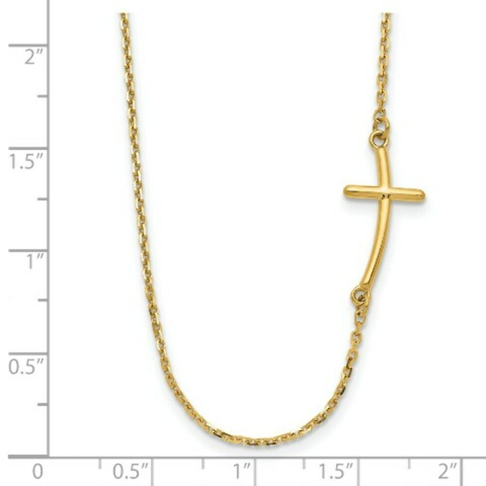 14K Yellow Gold Small Sideways Curved Cross Necklace  length: 19 inches
