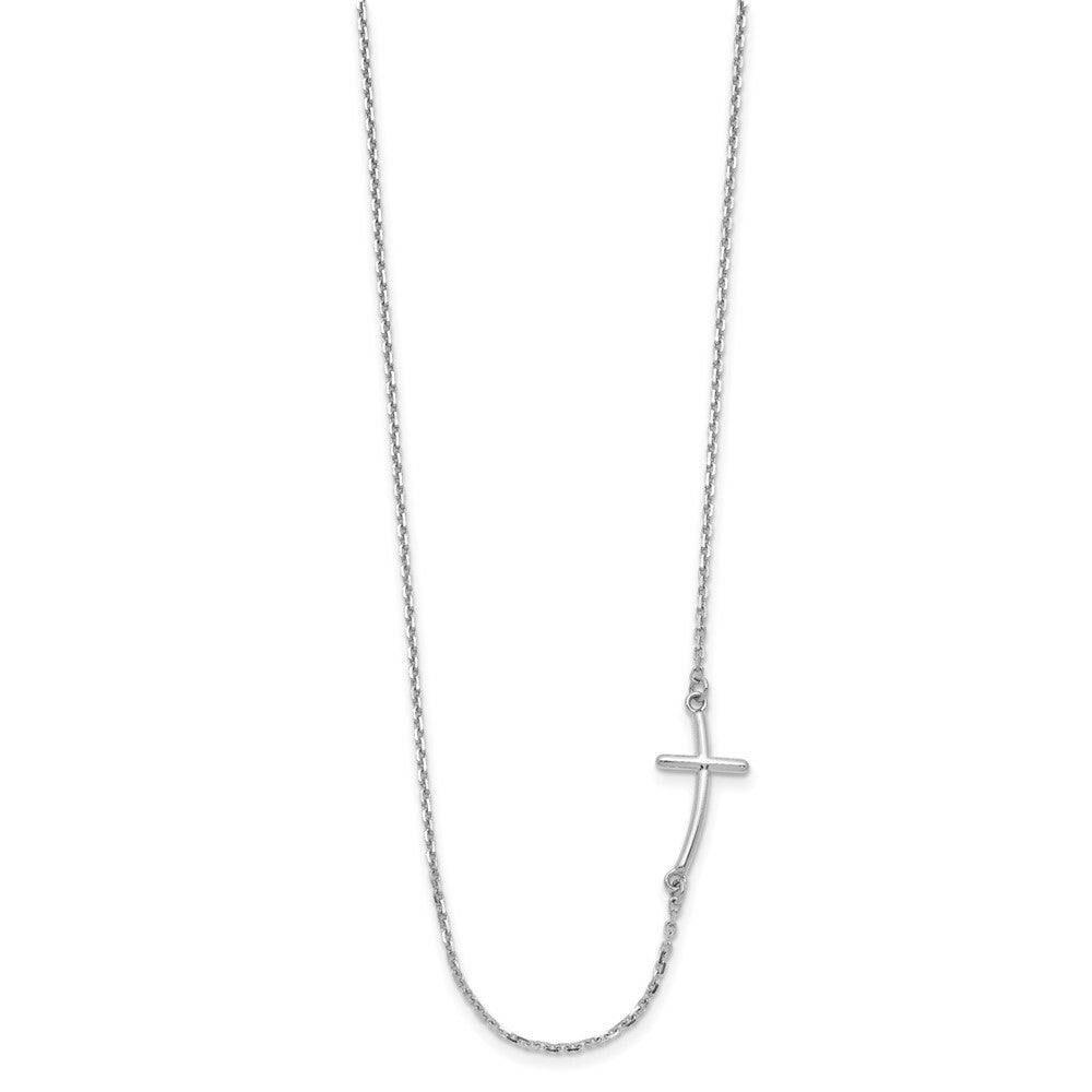 14k White Gold Small Sideways Curved Cross Necklace  length: 19 inches