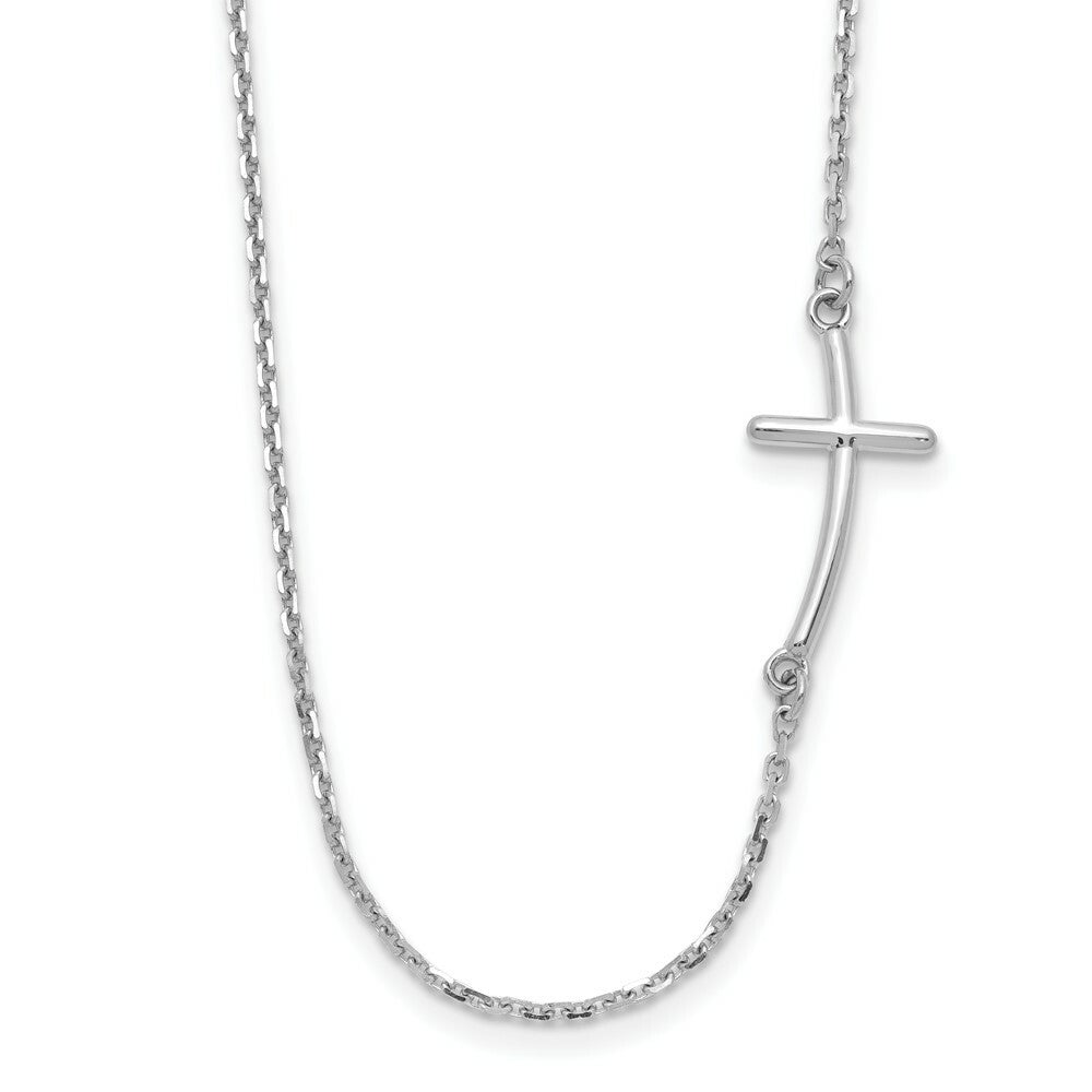 14k White Gold Small Sideways Curved Cross Necklace  length: 19 inches