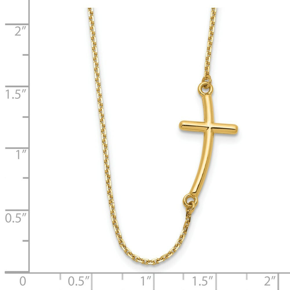 14K Yellow Gold Large Sideways Curved Cross Necklace  length: 19 inches