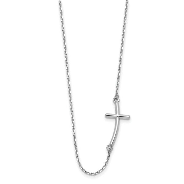 14k White Gold Large Sideways Curved Cross Necklace  length: 19 inches