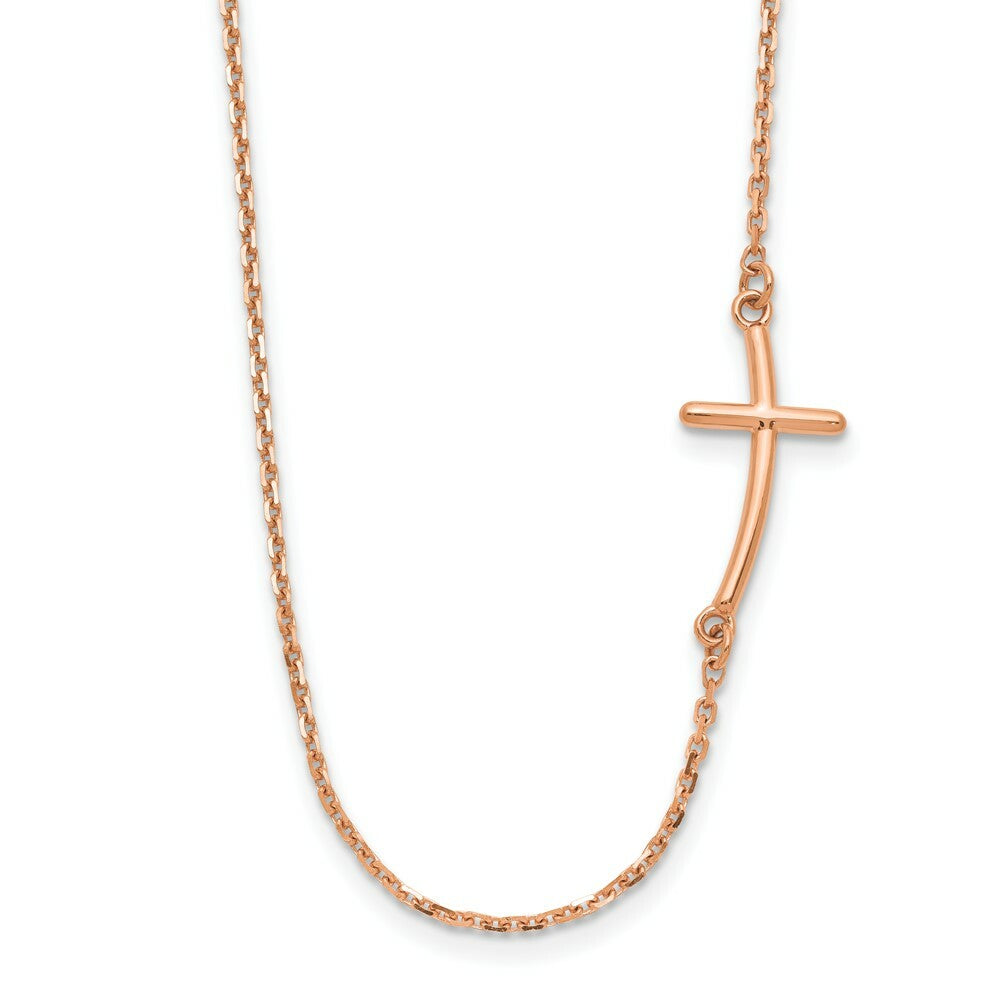 14k Rose Gold Small Sideways Curved Cross Necklace  length: 19 inches