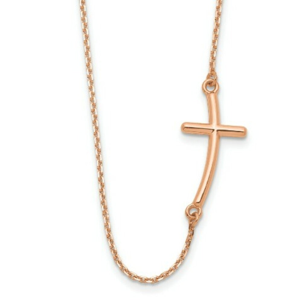 14k Rose Gold Large Sideways Curved Cross Necklace  length: 19 inches