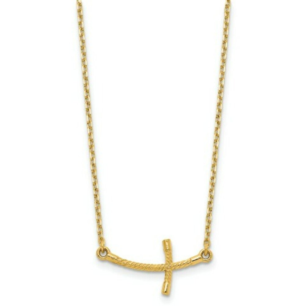 14K Yellow Gold Small Sideways Curved Twist Cross Necklace  length: 19 inches