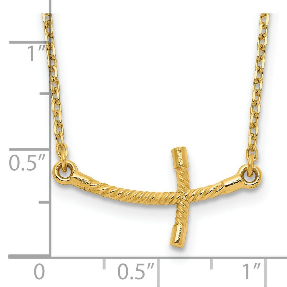 14K Yellow Gold Small Sideways Curved Twist Cross Necklace  length: 19 inches