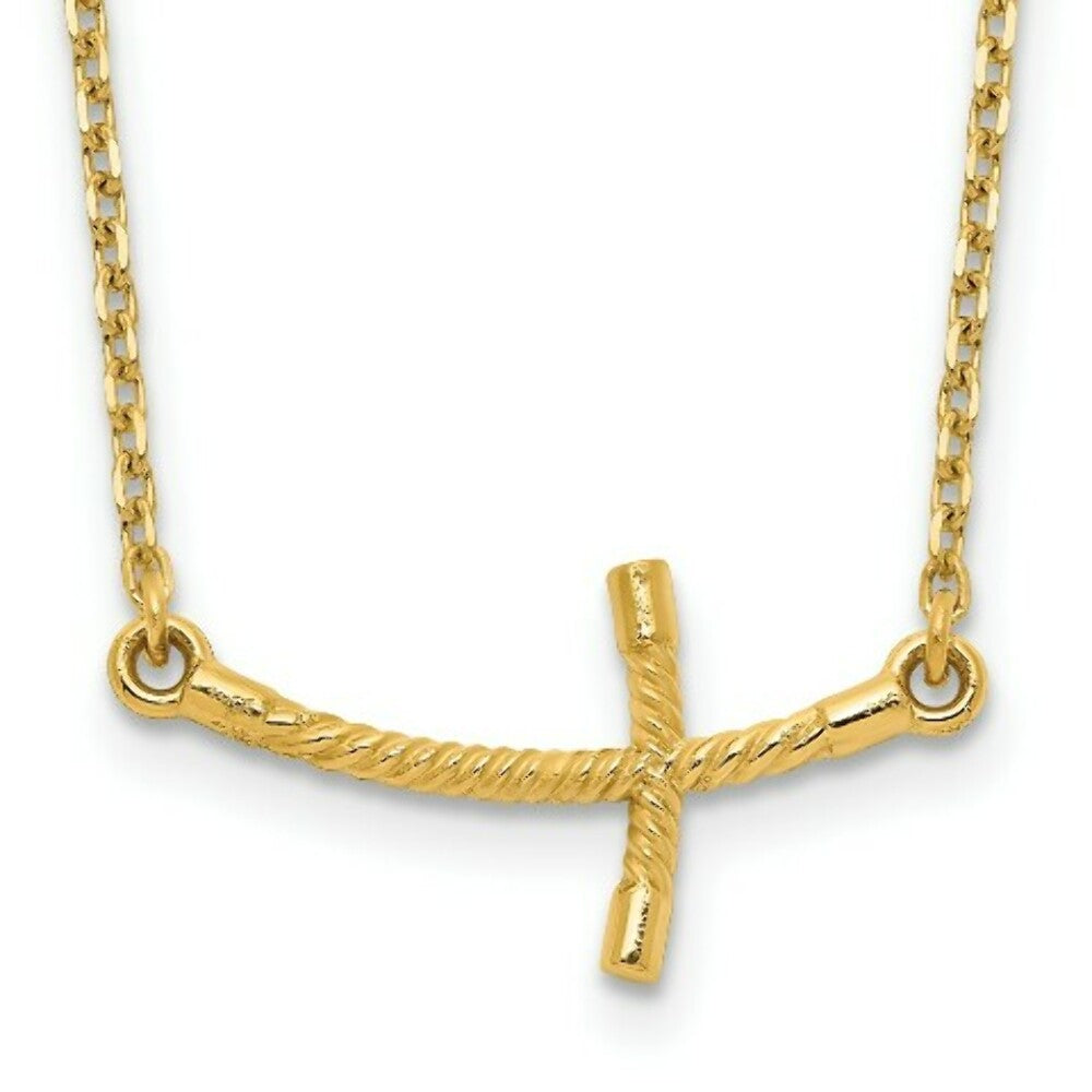 14K Yellow Gold Small Sideways Curved Twist Cross Necklace  length: 19 inches