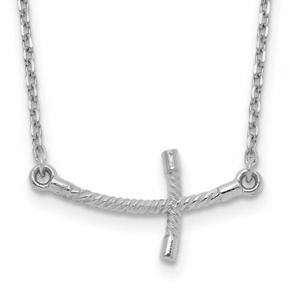 14k White Gold Small Sideways Curved Twist Cross Necklace  length: 19 inches