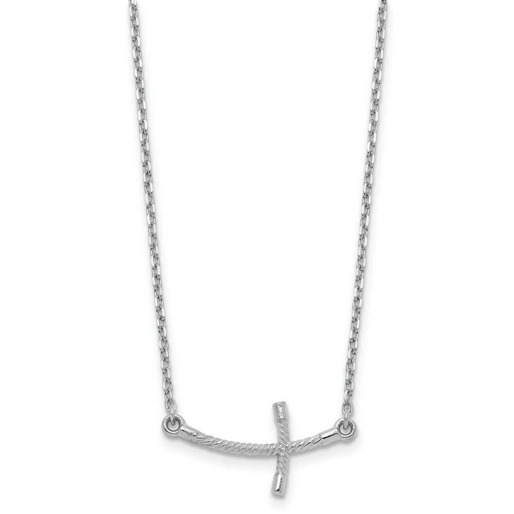 14k White Gold Small Sideways Curved Twist Cross Necklace  length: 19 inches