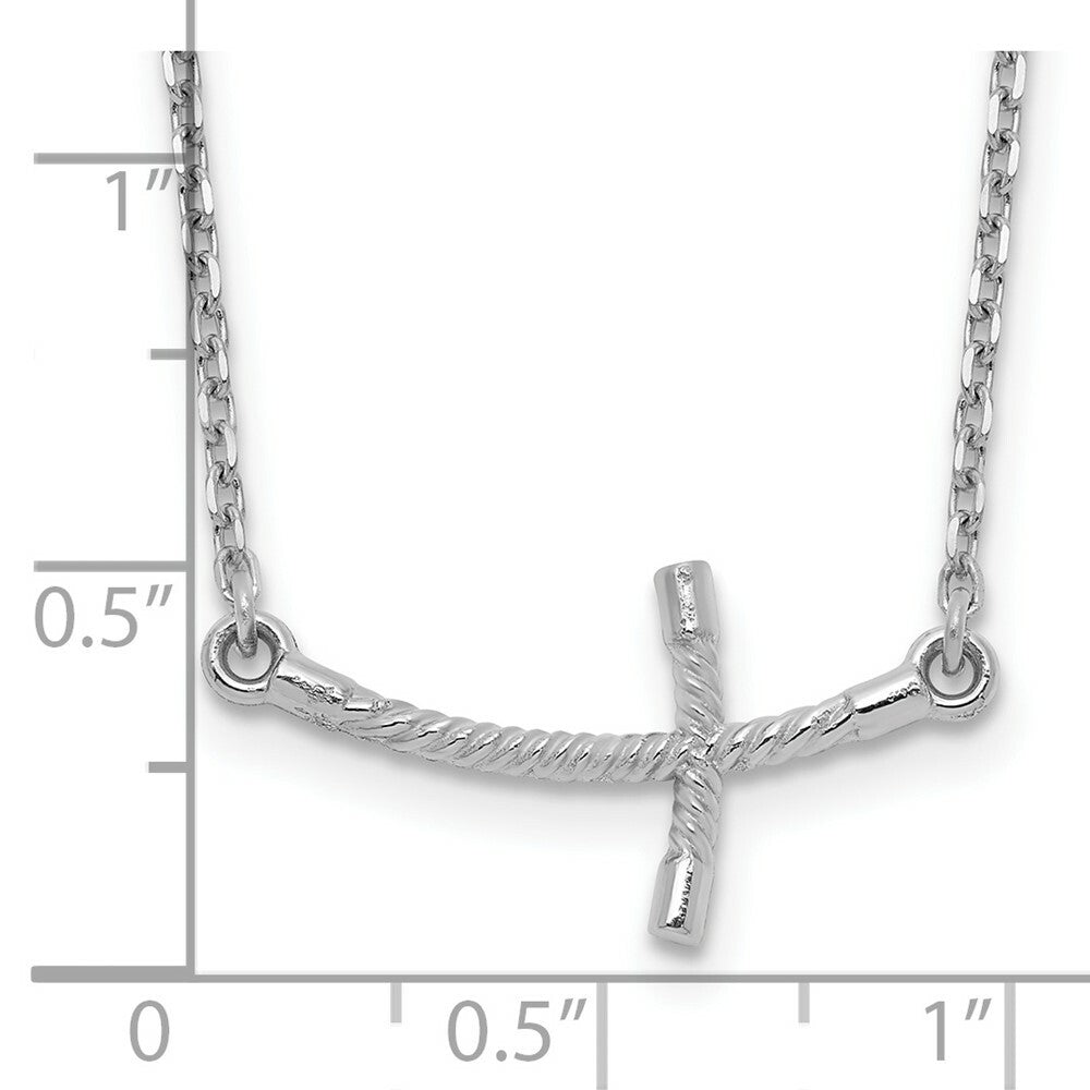 14k White Gold Small Sideways Curved Twist Cross Necklace  length: 19 inches
