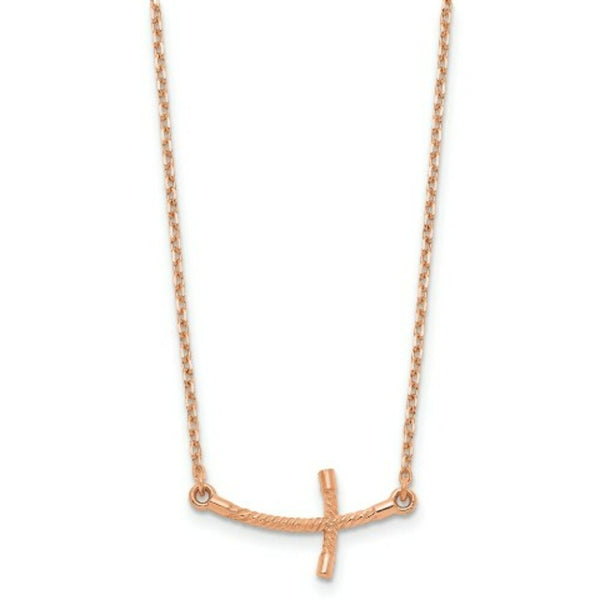 14k Rose Gold Small Sideways Curved Twist Cross Necklace  length: 19 inches