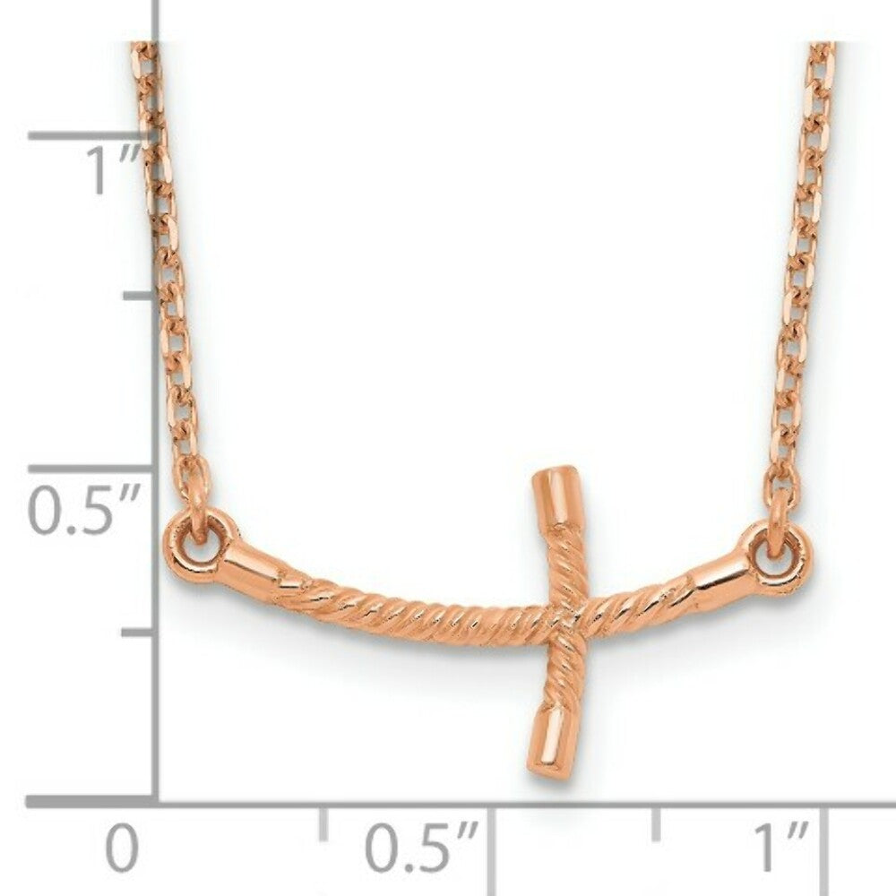 14k Rose Gold Small Sideways Curved Twist Cross Necklace  length: 19 inches