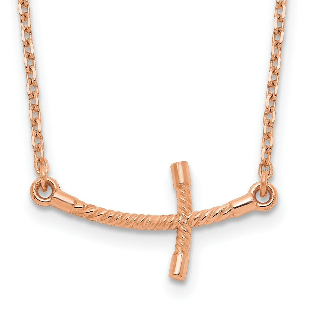 14k Rose Gold Small Sideways Curved Twist Cross Necklace  length: 19 inches
